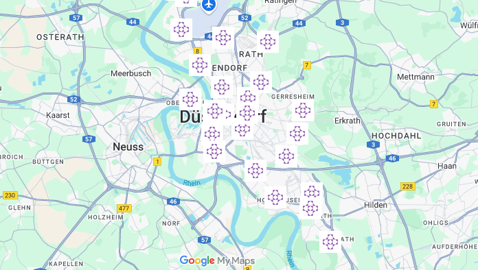 Karte, auf der Evangelische Orte in Düsseldorf eingezeichnet sind